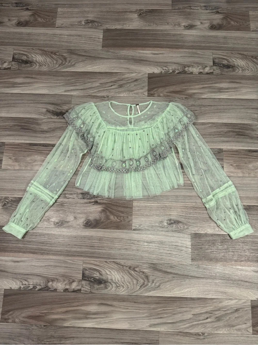 Free People Disco Ball Embellished Sequined Long Sleeve Top Blouse Size Small